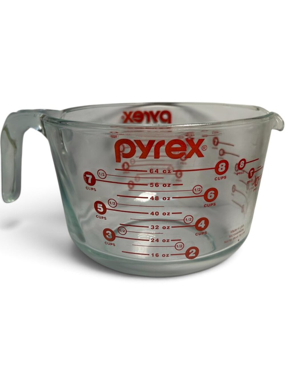 Pyrex 8 Cup 64 Oz Glass Measuring Cup 2 Quart Red Lettering Open Handle USA